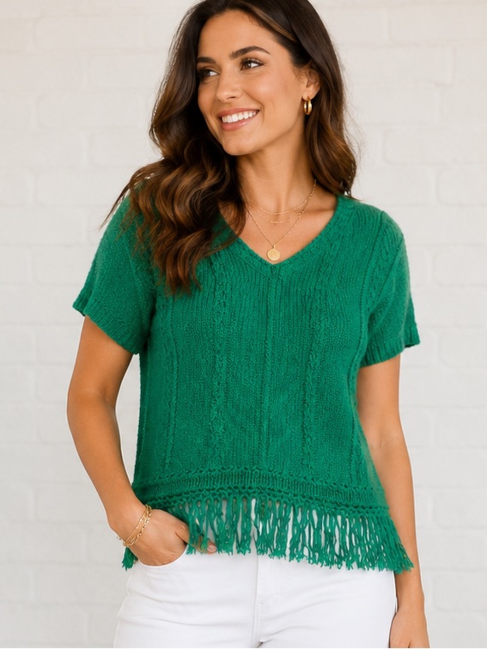 Chico’s Bright Green Boho Knit sweater Fringe tassel Short sleeve